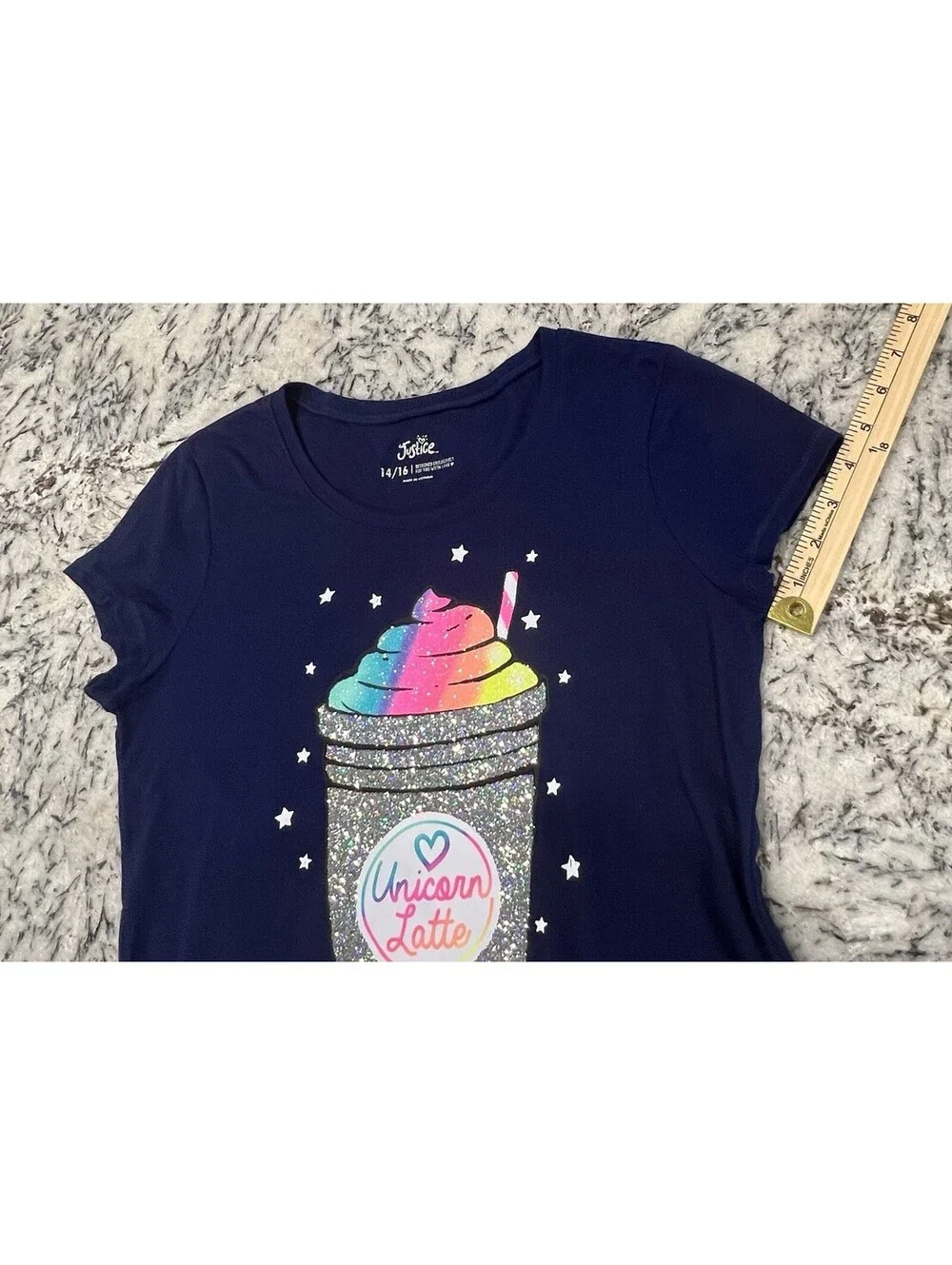 Justice Girls Size 14/16 Navy Sparkly “Unicorn Latte” T-Shirt